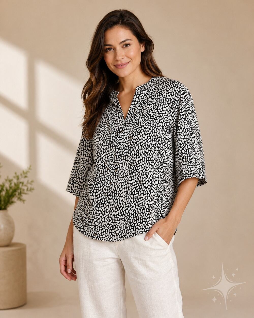 Monoprix Premium 100% Linen Black White Abstract Print Top Relaxed Chic